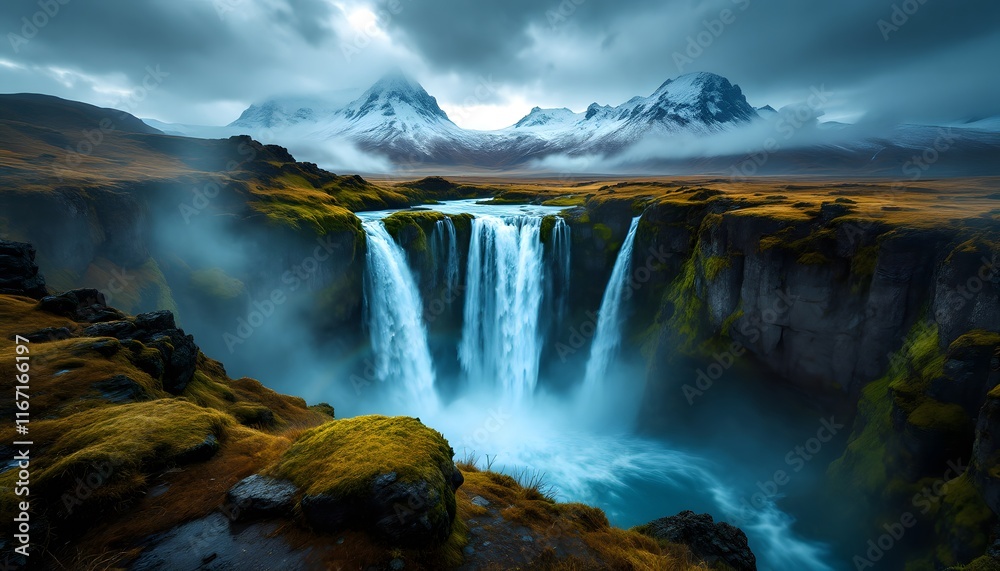 Majestic Waterfall in Iceland's Dramatic Landscape Majestic Waterfall in Iceland's Dramatic Landscape
