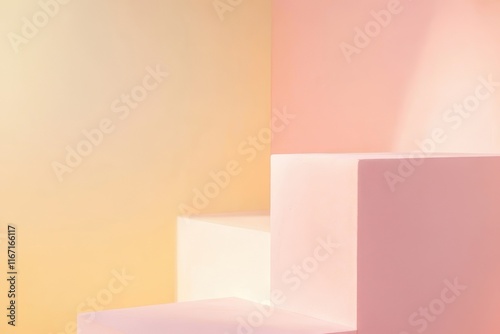 Soft pastel colors create a calming atmosphere in a minimalist stairwell design. Generative AI