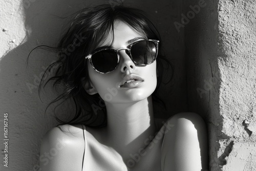 Young woman with sunglasses poses confidently against a wall in black and white photo