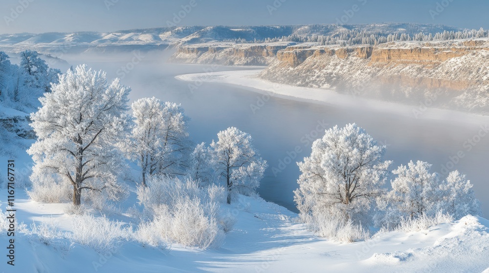 Wintry landscape with frosted trees overlooking a tranquil river on a misty morning Wintry landscape with frosted trees overlooking a tranquil river on a misty morning