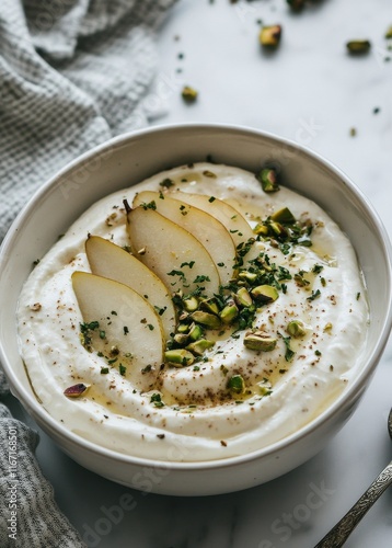 Delicious yogurt bowl topped with fresh pear slices and pistachios for a heal...