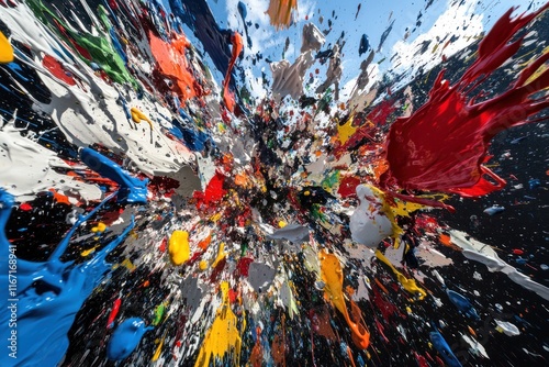 Chaotic paint splatters create a dynamic, colorful abstract visual experience full of texture