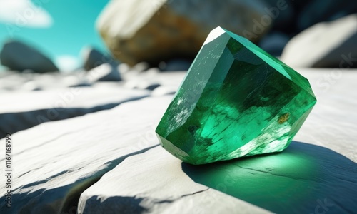 Wallpaper Mural Vibrant green emerald crystal on sunlit rock surface outdoors Torontodigital.ca