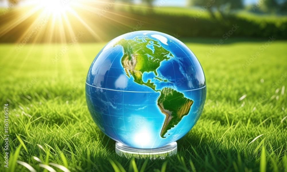 Glowing glass globe on grass with sunlight: nature and environment concept Glowing glass globe on grass with sunlight: nature and environment concept