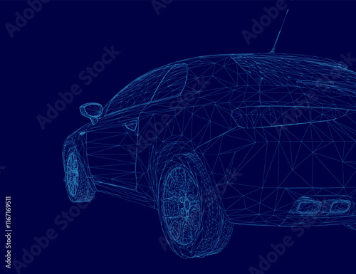 Car is shown in a blue background with a lot of detail. The car is a modern design with a lot of lines and curves. Scene is futuristic and sleek