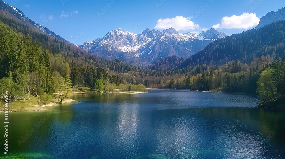 Breathtaking view of Fusine lake with Mangart peak on background. Popular travel destination of Mediterranean sea. Location: Tarvisio comune , spring Breathtaking view of Fusine lake with Mangart peak on background. Popular travel destination of Mediterranean sea. Location: Tarvisio comune , spring
