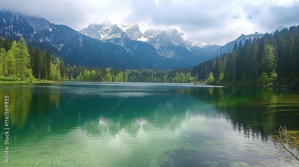 Naklejka premium Breathtaking view of Fusine lake with Mangart peak on background. Popular travel destination of Mediterranean sea. Location: Tarvisio comune , spring