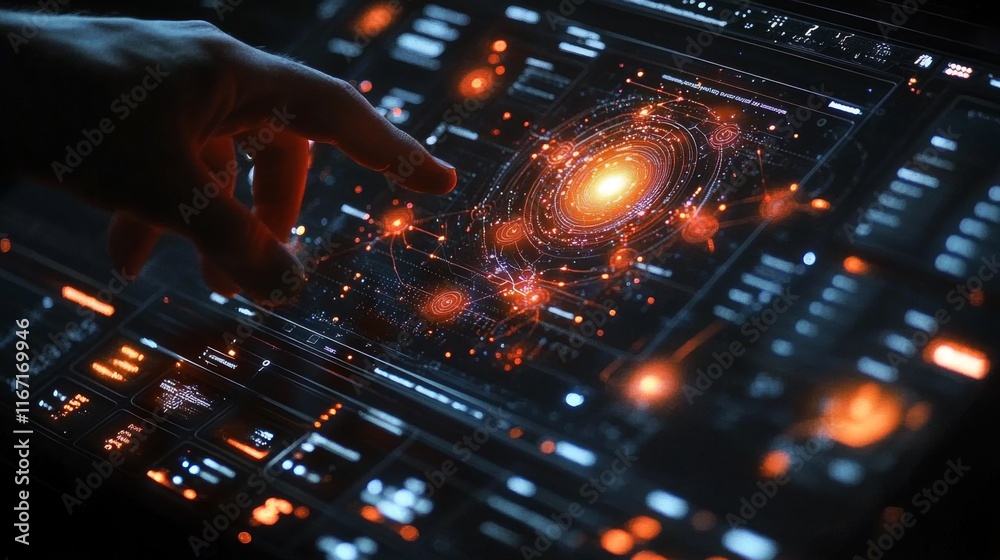 Futuristic Interface: A Hand Interacting with a Holographic Display Showing a Galaxy Futuristic Interface: A Hand Interacting with a Holographic Display Showing a Galaxy
