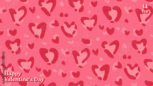 Happy Valentine's Day leopard print background. Modern, trendy banner, cover, greeting card with heart shaped leopard skin pattern and retro grainy texture. Wild life aesthetic, creative love concept.