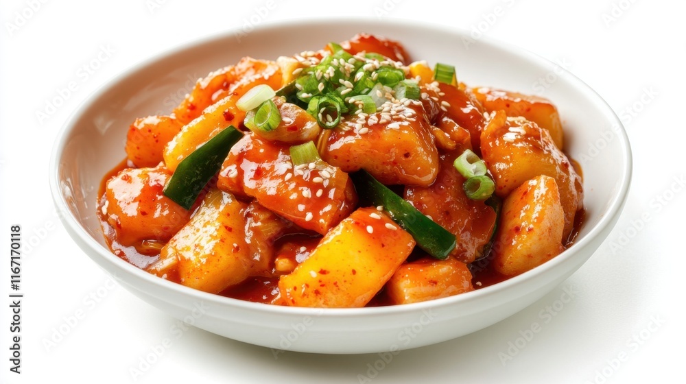 Korean toppoki, stir-fried rice cake with spicy thick sauce, isolated on white background Korean toppoki, stir-fried rice cake with spicy thick sauce, isolated on white background