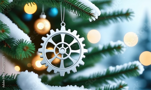 Innovative holiday decor: metallic gear ornament on snowy pine branch