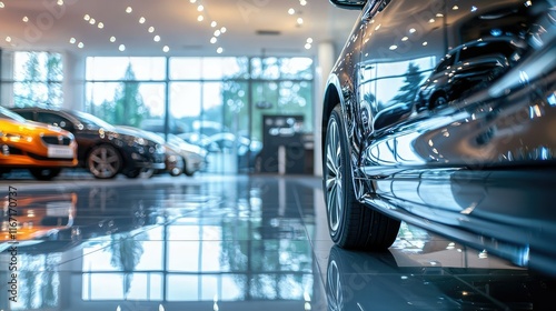 Modern Car Showroom with Bright Lights and Reflection on Floor