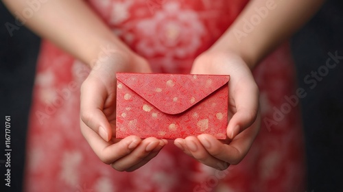 Hands Holding Auspicious Red Envelope for Good Fortune