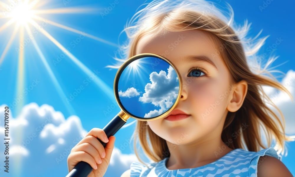 Curious child with magnifying glass exploring clouds on a sunny day Curious child with magnifying glass exploring clouds on a sunny day