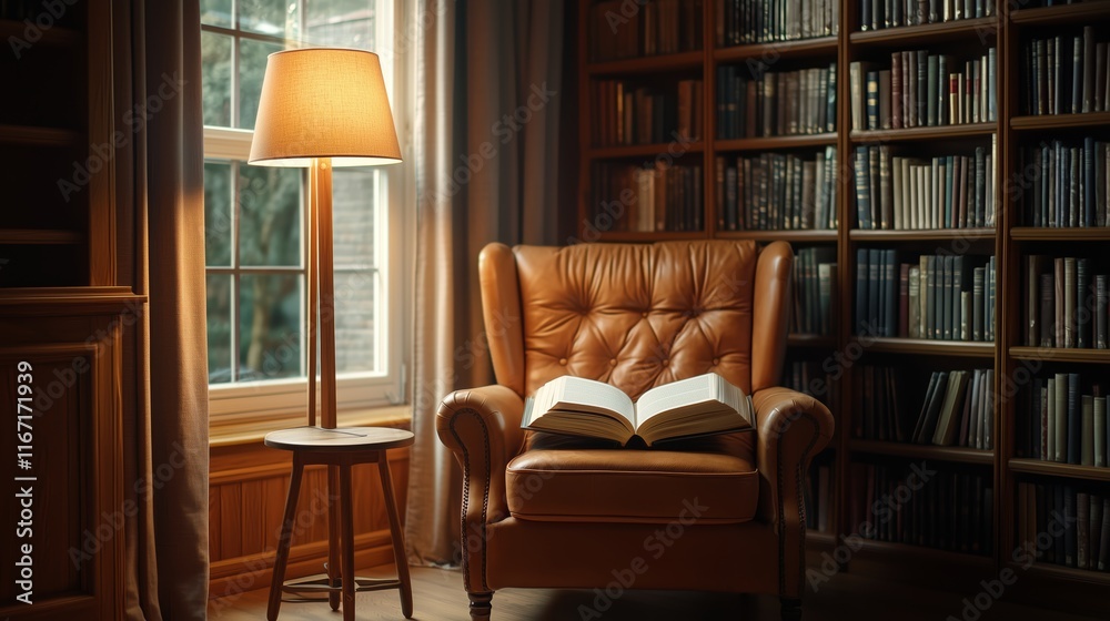 Cozy Reading Nook with Leather Chair and Open Book by Window Cozy Reading Nook with Leather Chair and Open Book by Window