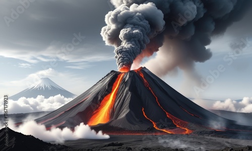 Dramatic volcano eruption with lava flow and ash plume in scenic mountain landscape photo