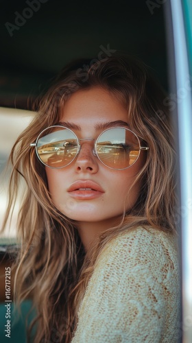 Stylish woman with sunglasses enjoying the sunlight inside a car