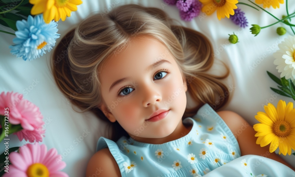 Serene child surrounded by blossoms: joyful springtime and natural beauty Serene child surrounded by blossoms: joyful springtime and natural beauty