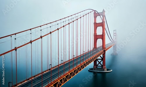 Aerial view of a wide red bridge in the fog, London bridge photo