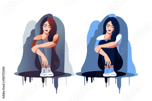 Tired woman sitting with a discharged battery in the thoughts. Concept emotional burnout or mental disorder. Vector flat