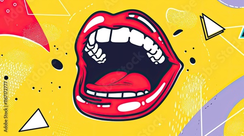 Cartoon vector illustration of an open mouth with red lips and tongue sticking out