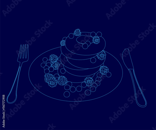 Blue drawing of a plate of food with a fork and knife on it. The plate has a stack of pancakes with berries on top