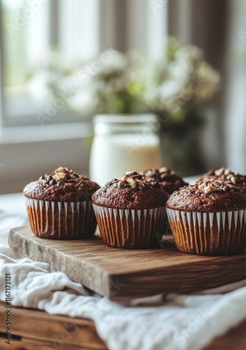 Freshly baked muffins accompanied by milk and flowers in a cozy setting