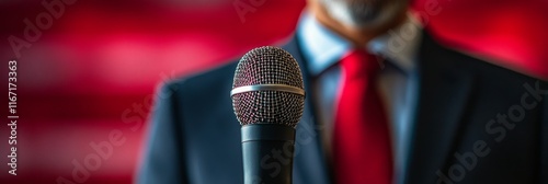 Speaker holds microphone in formal setting with red background during a publi...
