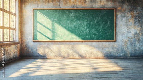 Empty Classroom with Chalkboard and Sunlight