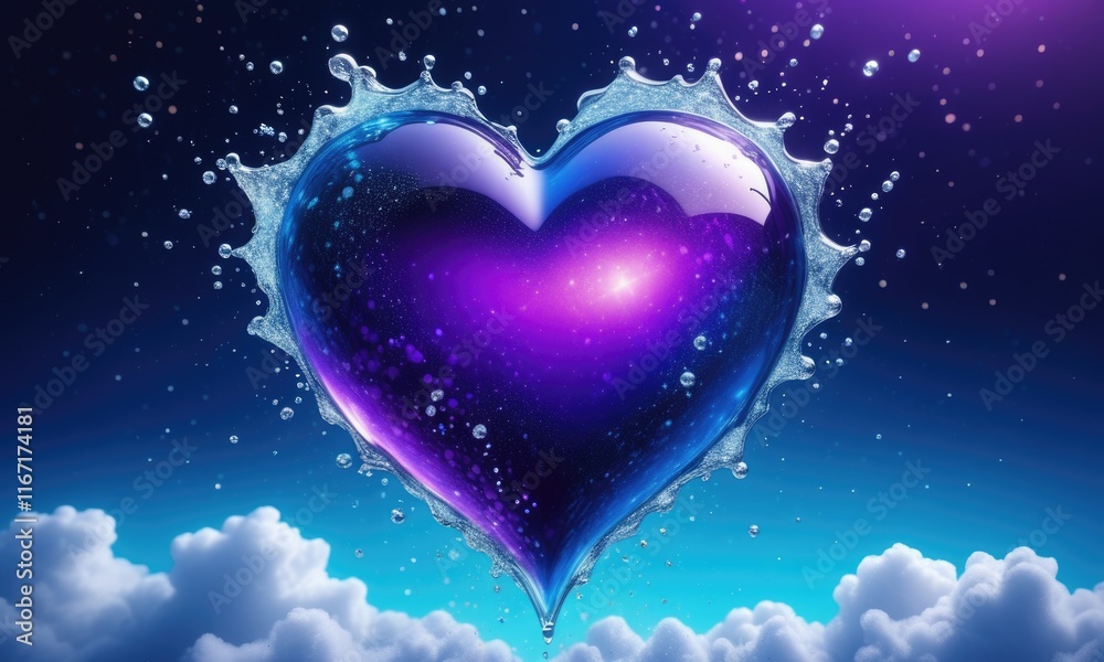 Vibrant heart splash in cosmic skies with water droplets and clouds Vibrant heart splash in cosmic skies with water droplets and clouds