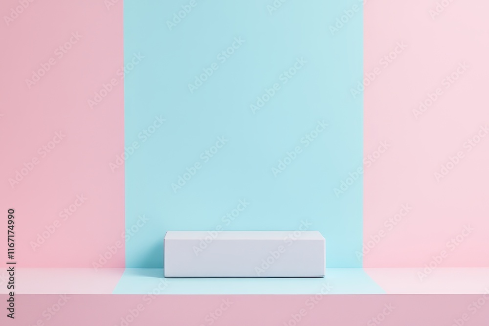 Colorful display area with pastel pink and blue backdrop showcasing a simple white rectangular object. Generative AI Colorful display area with pastel pink and blue backdrop showcasing a simple white rectangular object. Generative AI
