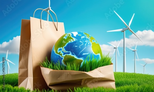 Sustainable earth with wind turbines and ecofriendly bag in green field photo