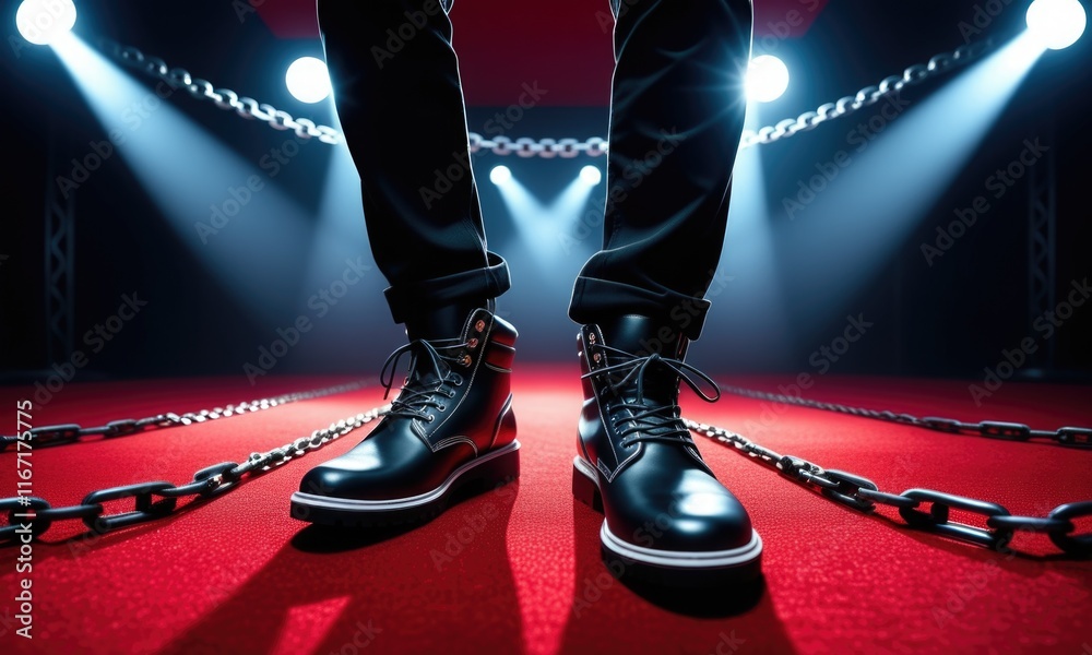 Fototapeta premium Stylish black boots on red carpet in dramatic spotlight setting