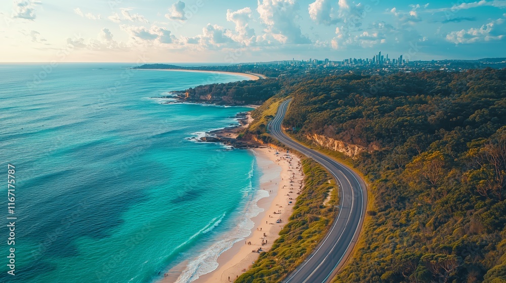 Fototapeta premium Aerial View of Coastal Road and Beautiful Beach with City Skyline
