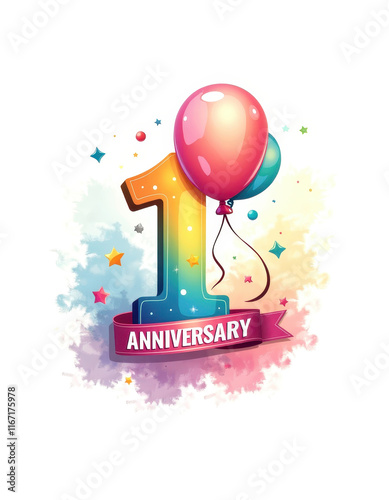 1st anniversary celebration design with colorful balloons and stars