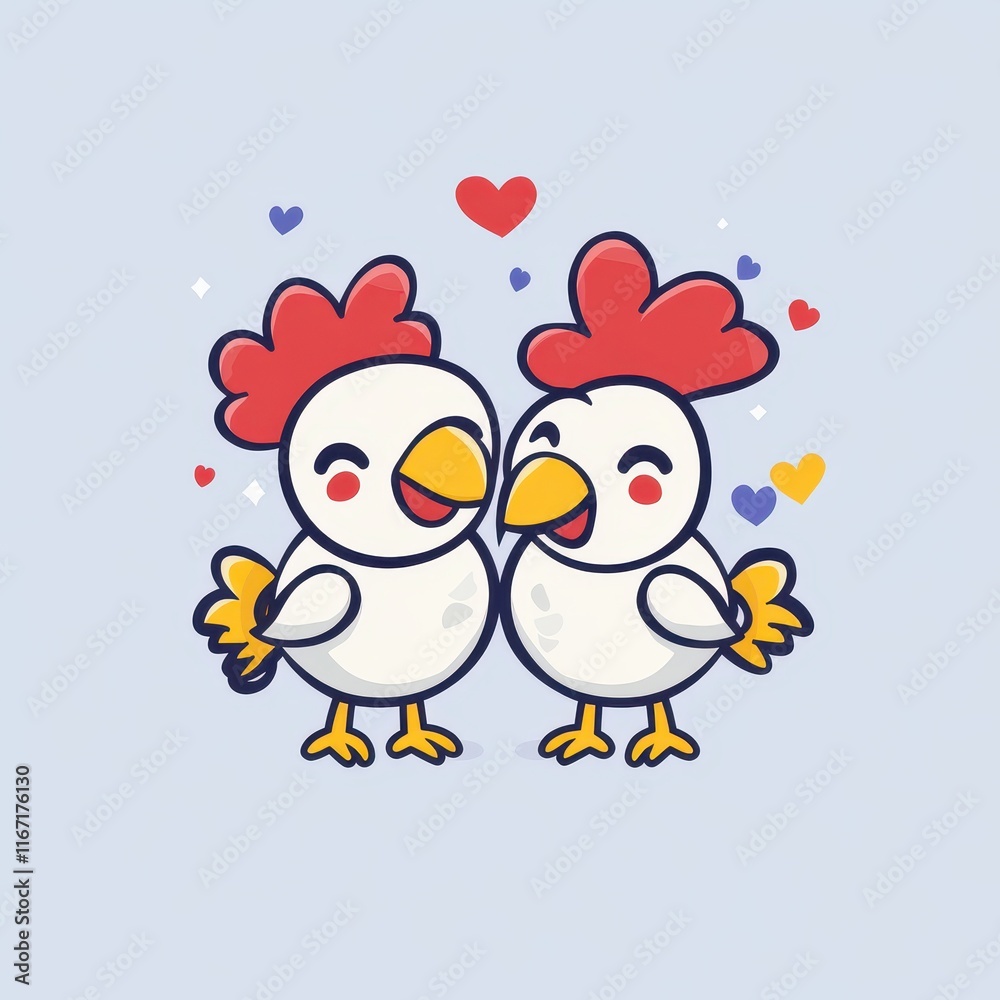 Cute Cartoon Chickens Holding Hands with Hearts in Background for Valentine's Day or Love Celebration, Ideal for Greeting Cards and Fun Illustrations Cute Cartoon Chickens Holding Hands with Hearts in Background for Valentine's Day or Love Celebration, Ideal for Greeting Cards and Fun Illustrations