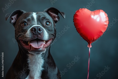 Cheerful dog with heart shaped balloon on pastel pink background, fun love and happy greeting card for Valentine's day or birthday photo