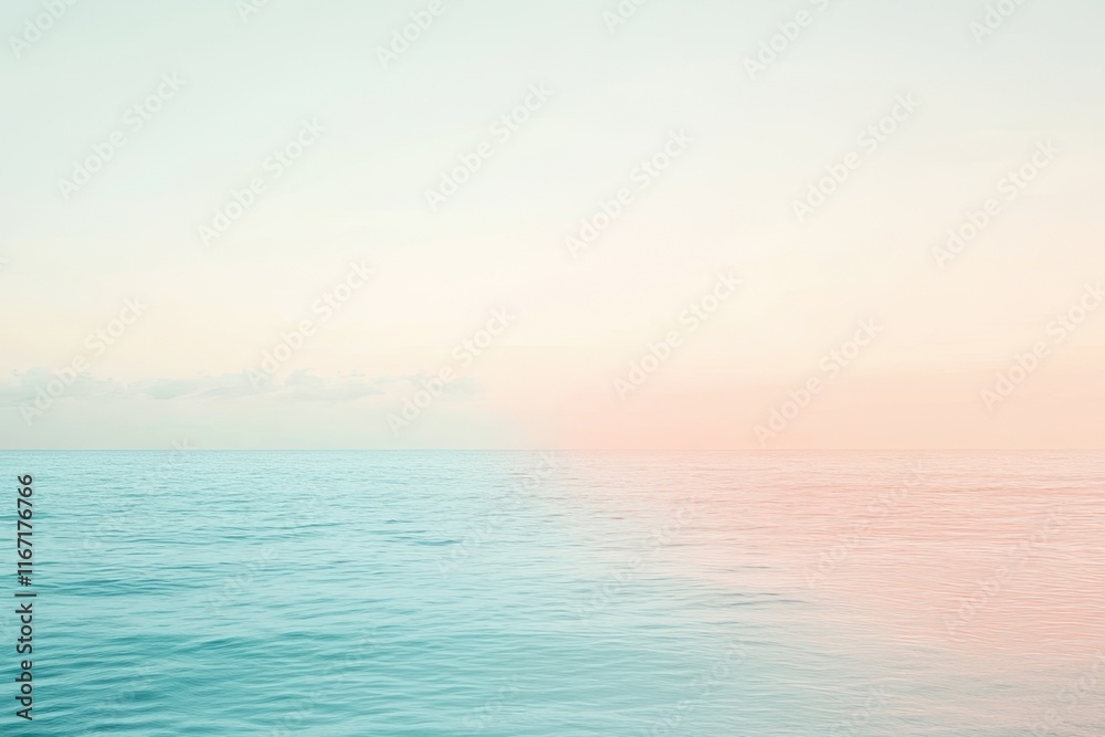 Fototapeta premium Soft pastel colors blend over calm ocean waters during twilight, creating a serene atmosphere at dusk. Generative AI