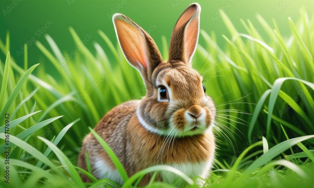 Fototapeta premium Cute baby bunny in lush green grass
