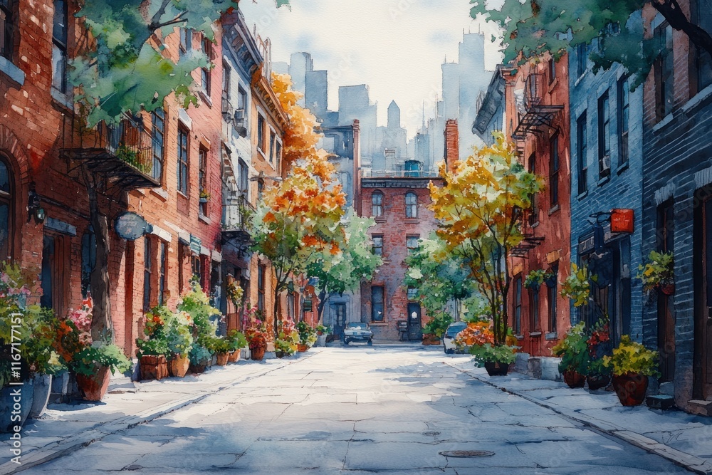 Fototapeta premium Colorful Urban Alley with Brick Buildings and Greenery in Covent Garden London