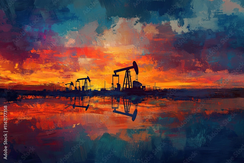 Naklejka premium Silhouette of oil pumps at a colorful sunset.