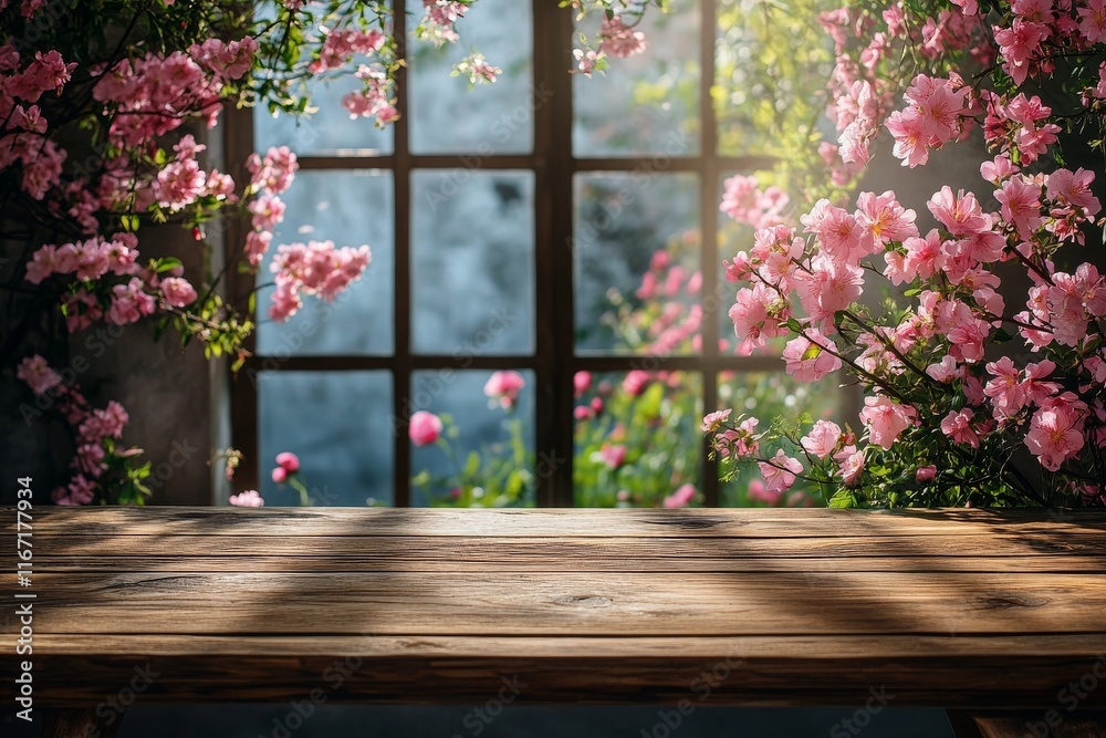 Fototapeta premium Colorful flower display behind rustic wooden table enhances serene atmosphere in vibrant floral arrangement