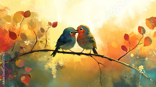 Whispers of endearment on a sunny branch. Whispering. Illustration