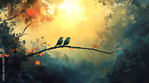 Whispers of endearment on a sunny branch. Whispering. Illustration
