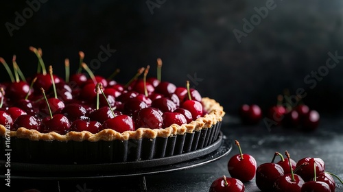 Cherry tart on a dark surface with fresh cherries garnishing the dessert