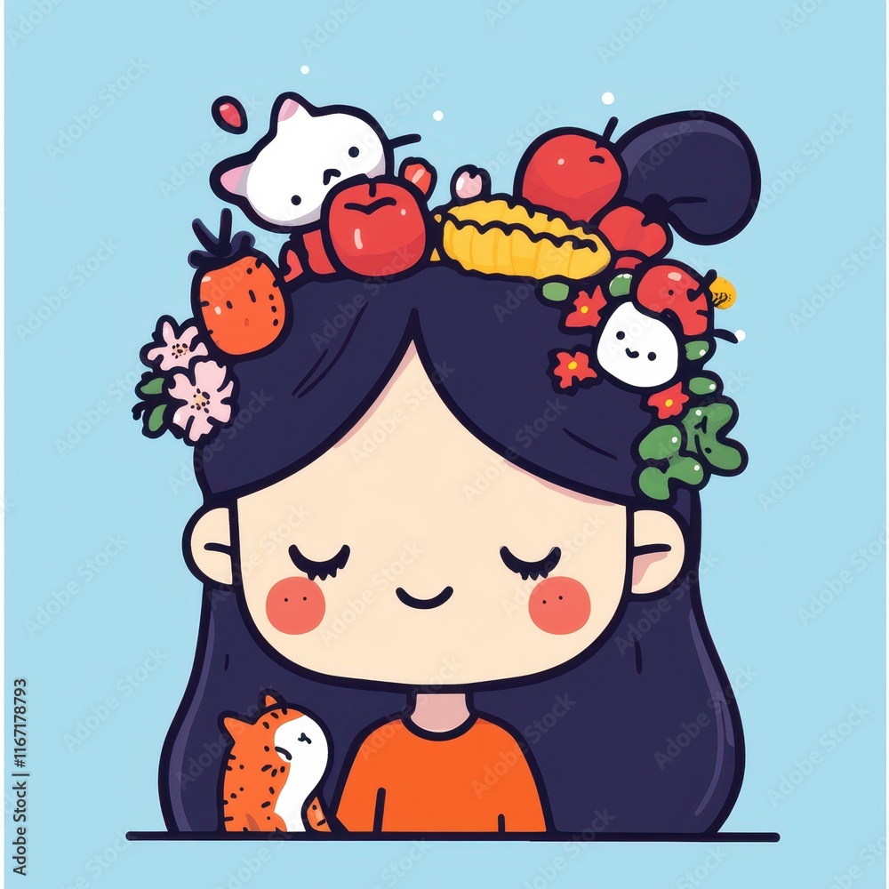 Naklejka premium Cheerful Illustration of a Girl with Colorful Fruits and Cute Animals in Her Hair, Celebrating Nature and Playfulness with a Light Blue Background