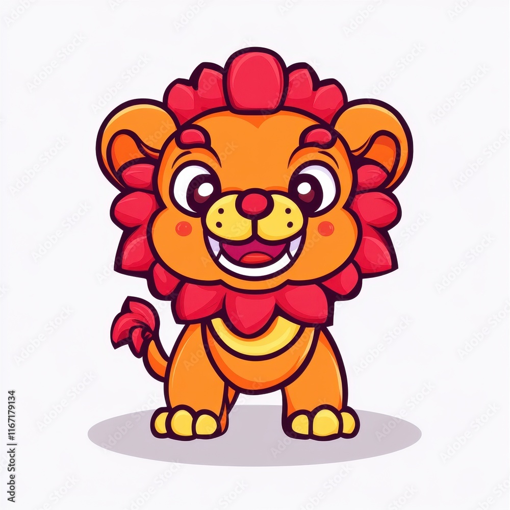 Fototapeta premium Adorable Cartoon Lion Character with Bright Orange Fur and Playful Expression, Perfect for Children's Illustrations, Digital Art, and Educational Materials