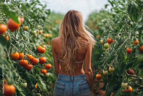 Woman in straw hat admiring ripe tomatoes in a lush vegetable garden during a...