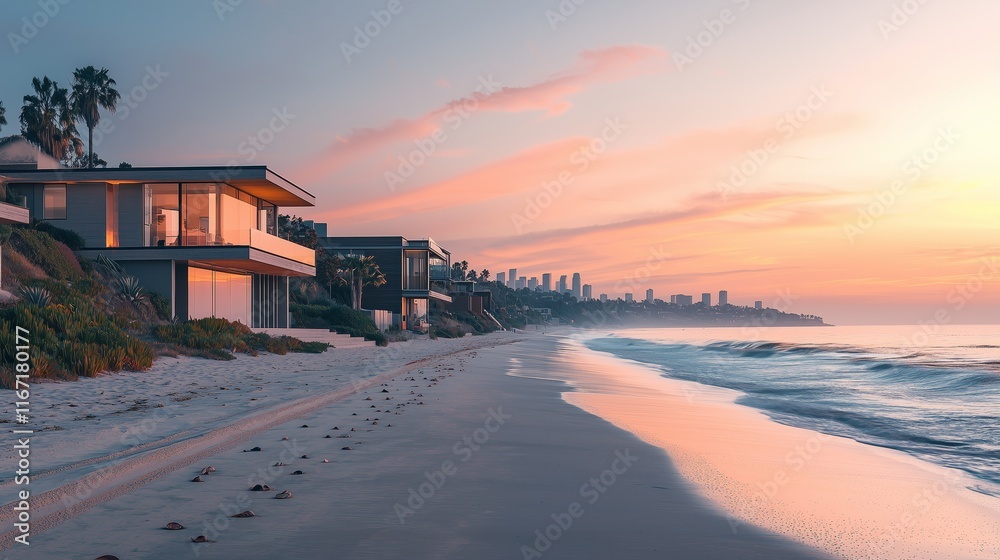 Obraz premium Scenic Beachfront Homes at Sunset Over Serene Ocean Waves
