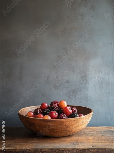 Fresh black grapes in a wooden bowl on a rustic table against a dark background